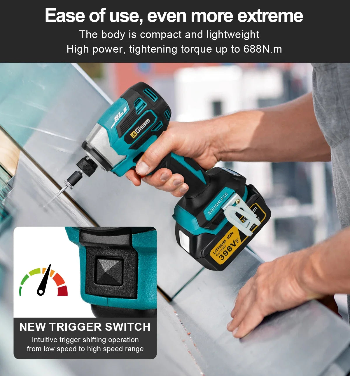 Gisam Cordless Electric Impact Screwdriver 688NM Power Tool Rechargeable Brushless Wrench Driver Kit for Makita 18V Battery Pins
