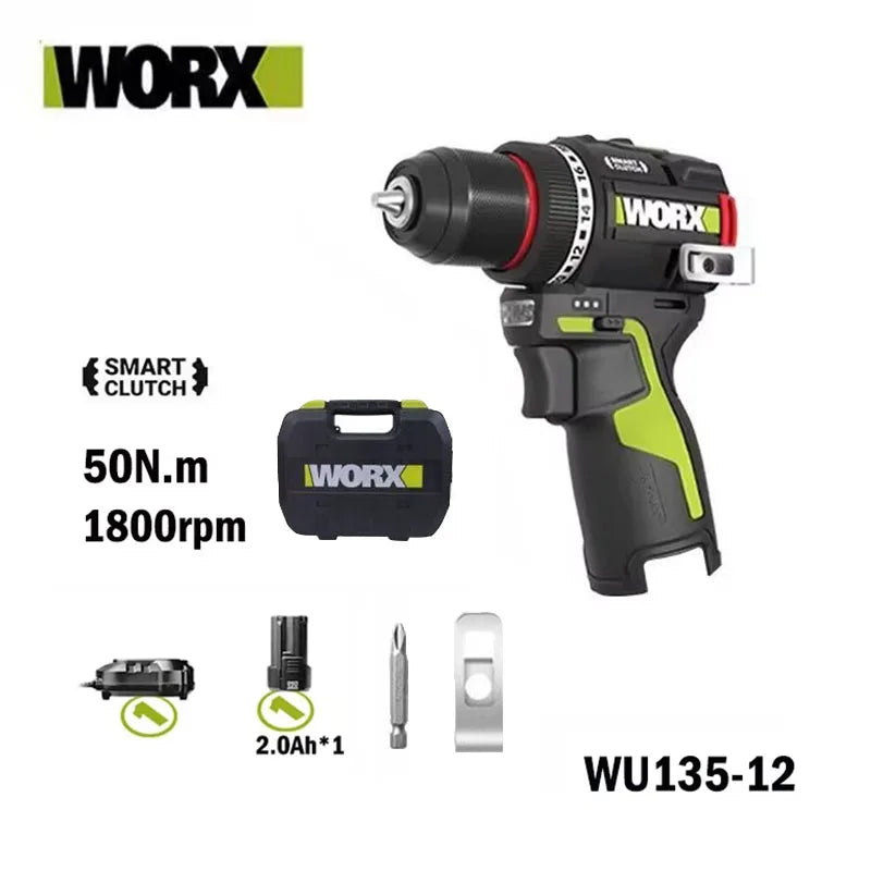 WORX WU135 Cordless Electric Drill 12V 50Nm 1800rpm Brushless Motor for Home Improvement Carpentry Metalworking Smart clutch
