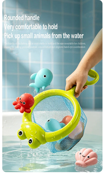 Frog Net Fishing Bath Toy Baby Floating Turtle Animal Squeeze Squeaky Pool Summer Splashing Water Toy Gift