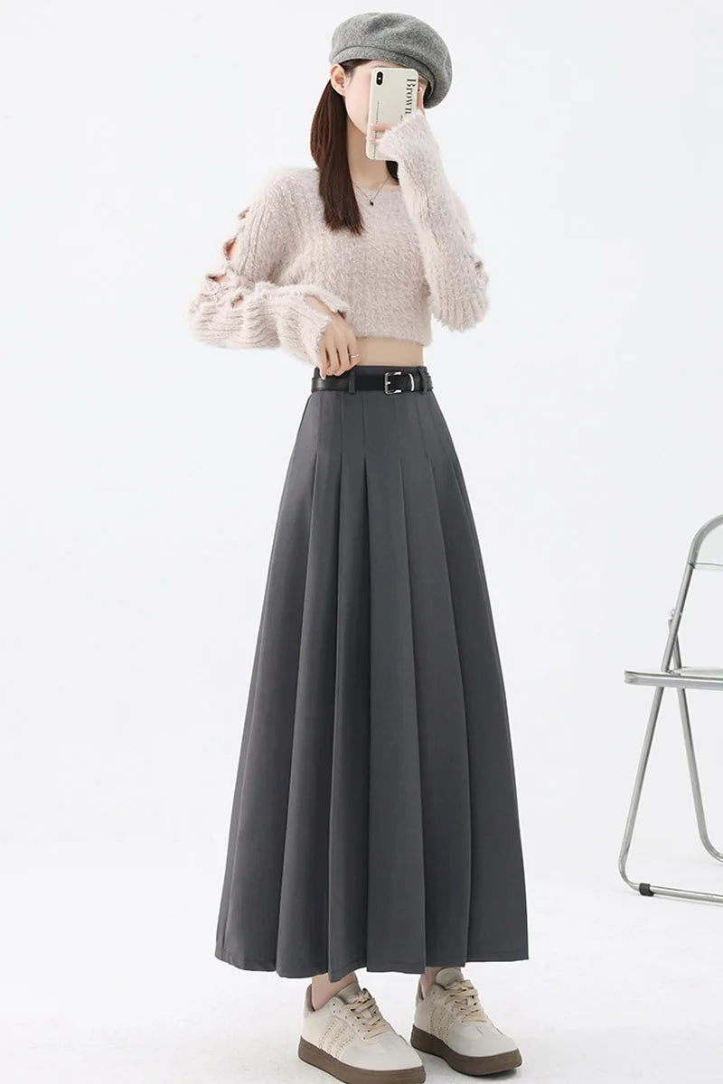 2026 New Women's Pleated Maxi Skirts Autumn High Waisted Zipper Jk Long Skirt Woman Elegant Loose Design Big Swing A-Line Skirts