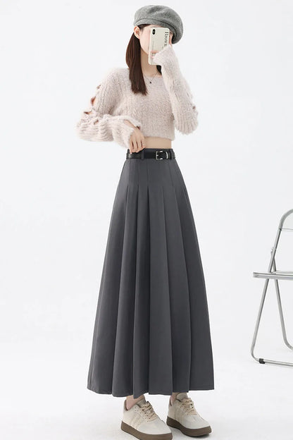 2026 New Women's Pleated Maxi Skirts Autumn High Waisted Zipper Jk Long Skirt Woman Elegant Loose Design Big Swing A-Line Skirts