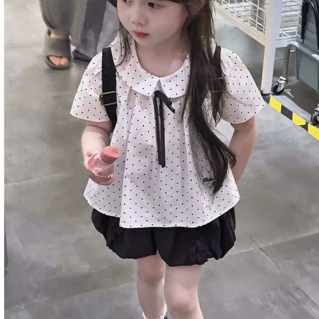 2025 Summer New Children Clothing for Girls Children Turn-down Collar Top for Girls Casual Short Sleeved Polka Dot T-shirt