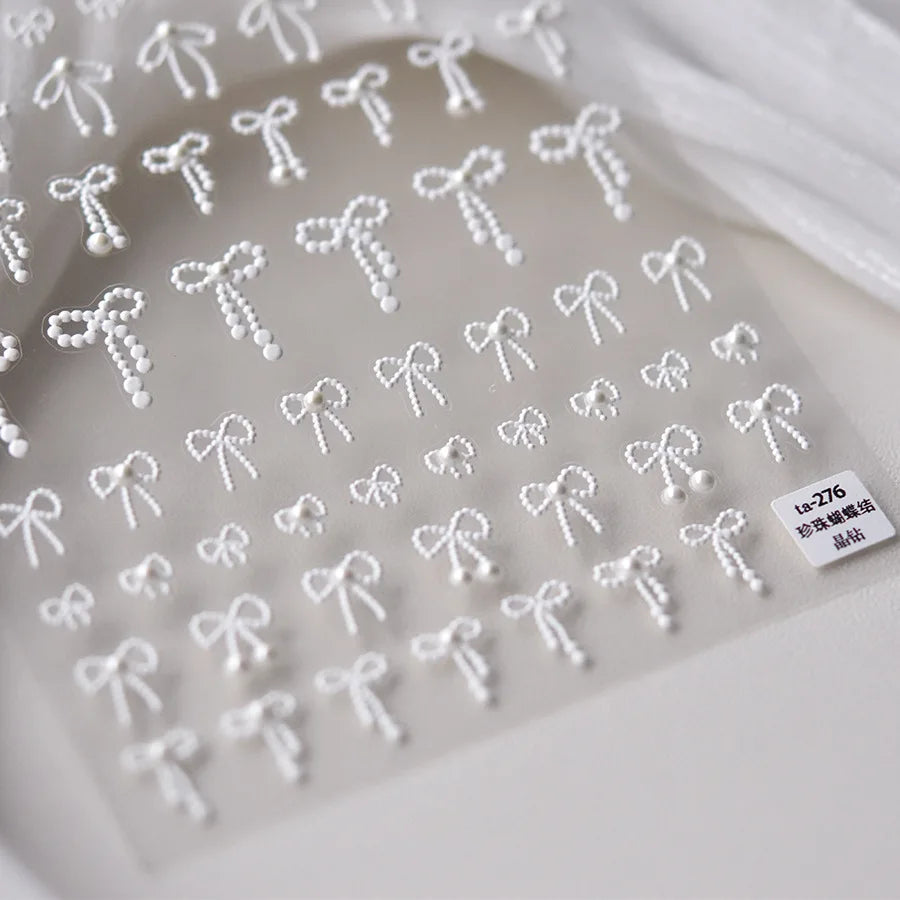 Shell Light Nail Stickers Small Fresh White Bow Ribbon Nail Charms Stickers Self Adhesive Nails 3D Decorations Parts DIY Decals