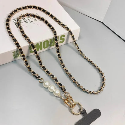 Pearl Leather Chain Mobile Phone Strap Long Crossbody Anti-Loss Shoulder Cord with Metal Pendant for Women