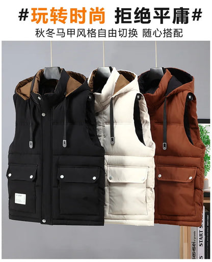 2024 Autumn Winter Men Thicken Cotton Waistcoat Sleeveless Vests Jackets Warm Detachable Hat Outerwear Male Zipper Hooded Coats