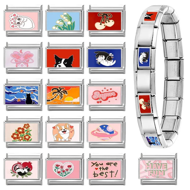 Wholesale Cute Animal Swimming Dogs Cats Sheep Charm Bracelet Fit 9mm Bracelet Stainless Steel Italian Links Making DIY Jewelrys