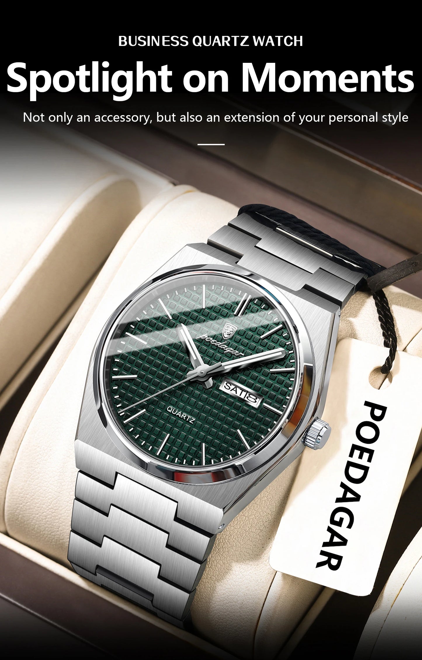 POEDAGAR Luxury Original Man Watch Waterproof Stainless Steel Luminous Men's Wristwatch Date Week Quartz Fashion Watches For Men