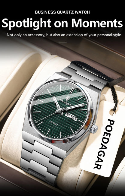 POEDAGAR Luxury Original Man Watch Waterproof Stainless Steel Luminous Men's Wristwatch Date Week Quartz Fashion Watches For Men