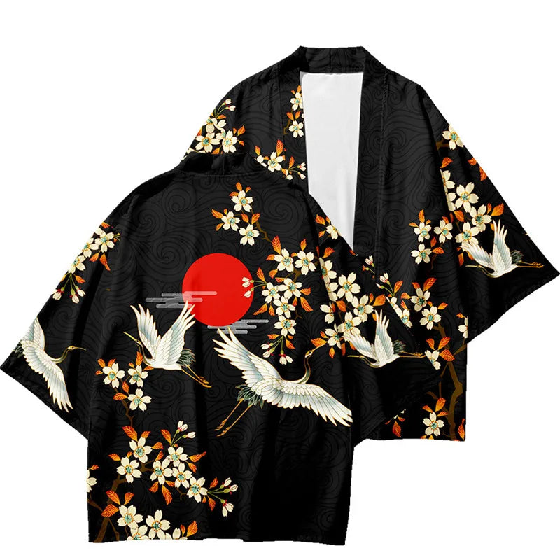 Large Size 5XL 6XL Japanese Kimono Cardigan Pants Set Print Fox Men Women Shirt Tradition Yukata Haori Obi Cosplay Costume