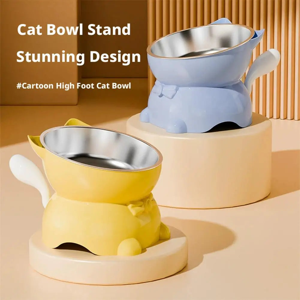 Elevated Stainless Steel Cat Bowl, Inclined Food & Water Dish with Cute Ear Stand, Neck Protection Design for Cats