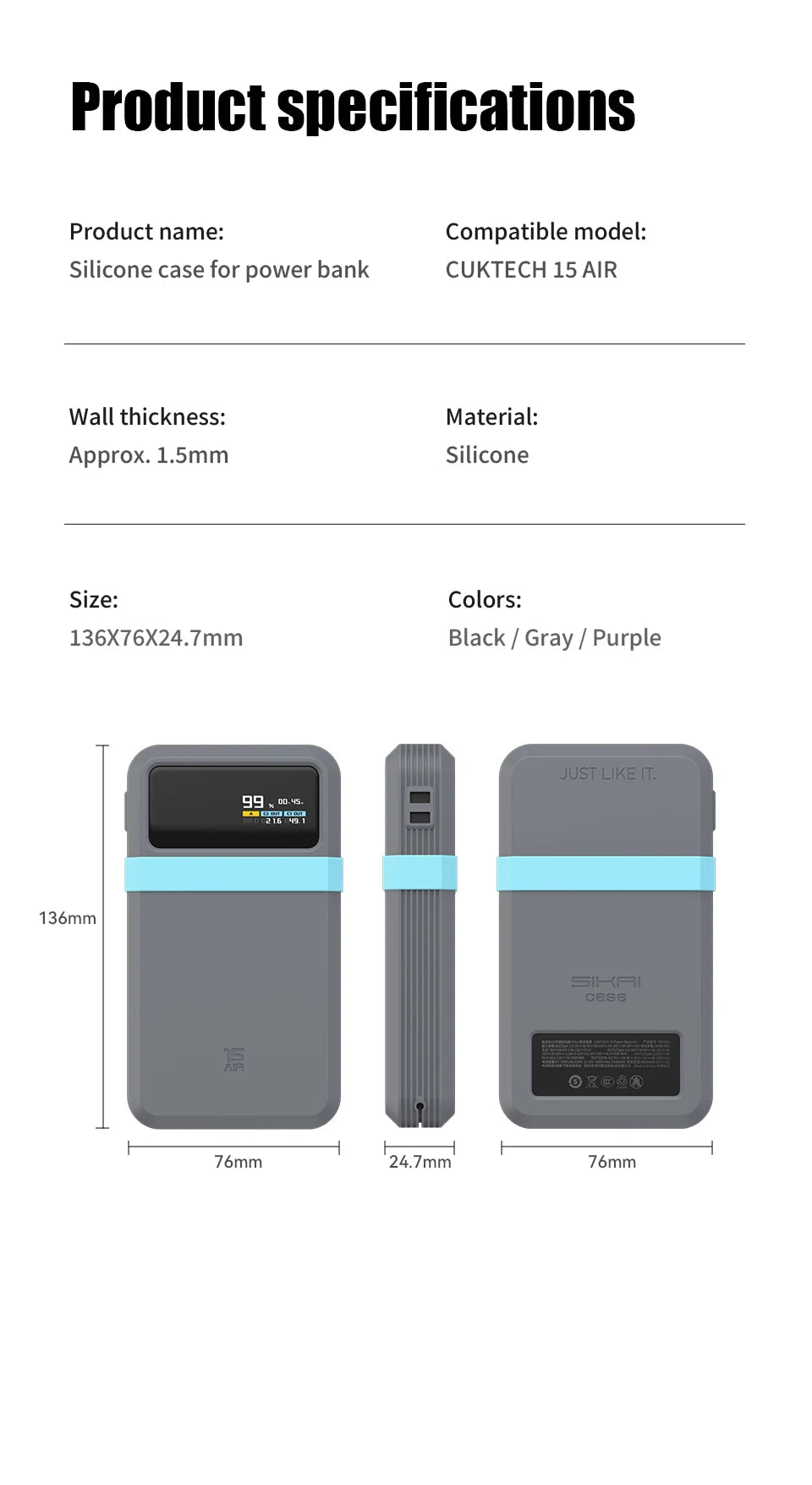 SIKAI Silicone Case For CUKTECH No.15 AIR 100W Portable Power Bank 15000mAh Travel Design with Data Cable Storage