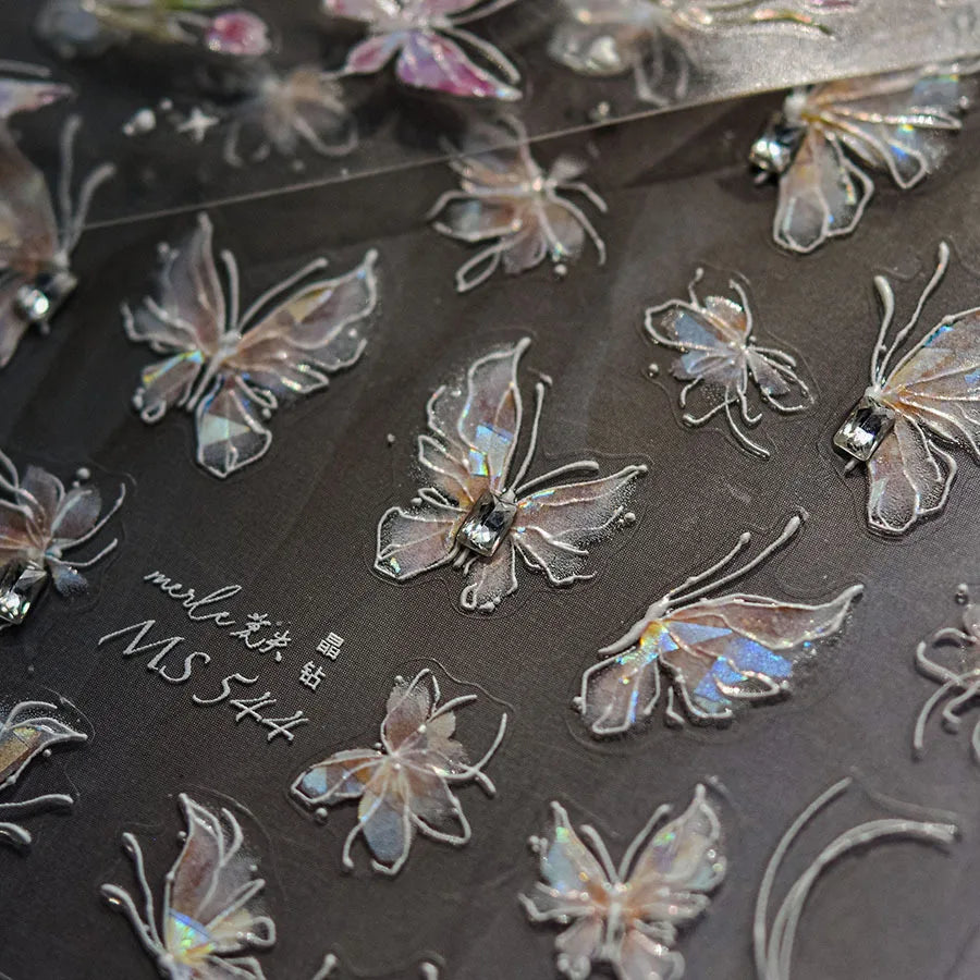 Shiny Jelly Butterfly Charming Golden Gradient Bowknot 5D Self Adhesive Nail Art Sticker Flower Petal Rhinestone Manicure Decals