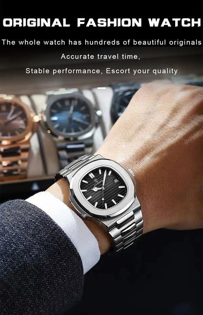 POEDAGAR Luxury Brand Men's Quartz Wristwatch Stainless Steel Waterproof Luminous Date Man Clock Square Business Watches For Men