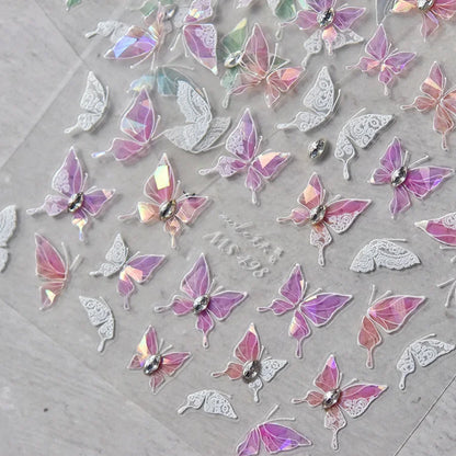 Shiny Jelly Butterfly Charming Golden Gradient Bowknot 5D Self Adhesive Nail Art Sticker Flower Petal Rhinestone Manicure Decals