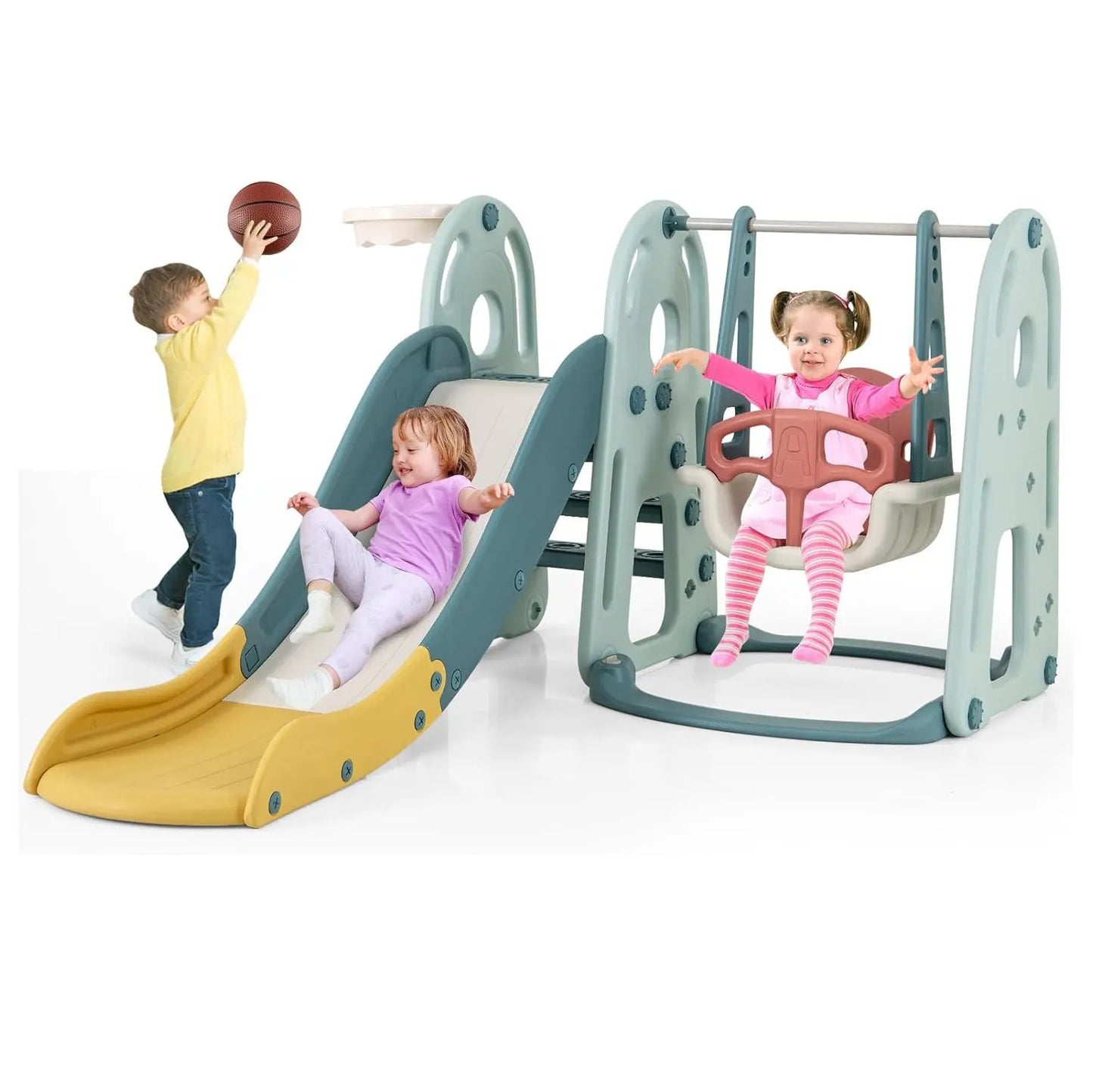 Children's Swing with Slide,Height-Adjustable Seat,4-in-1 Swing&Slide&Basketball Hoop&Ladder,for Children from 18 Months