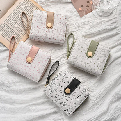 Japanese Cute Cat Girls Wallet Short Student ID Bank Card Holder Money Bag Zipper Wallets For Women Key Storage Purse Coin Purse
