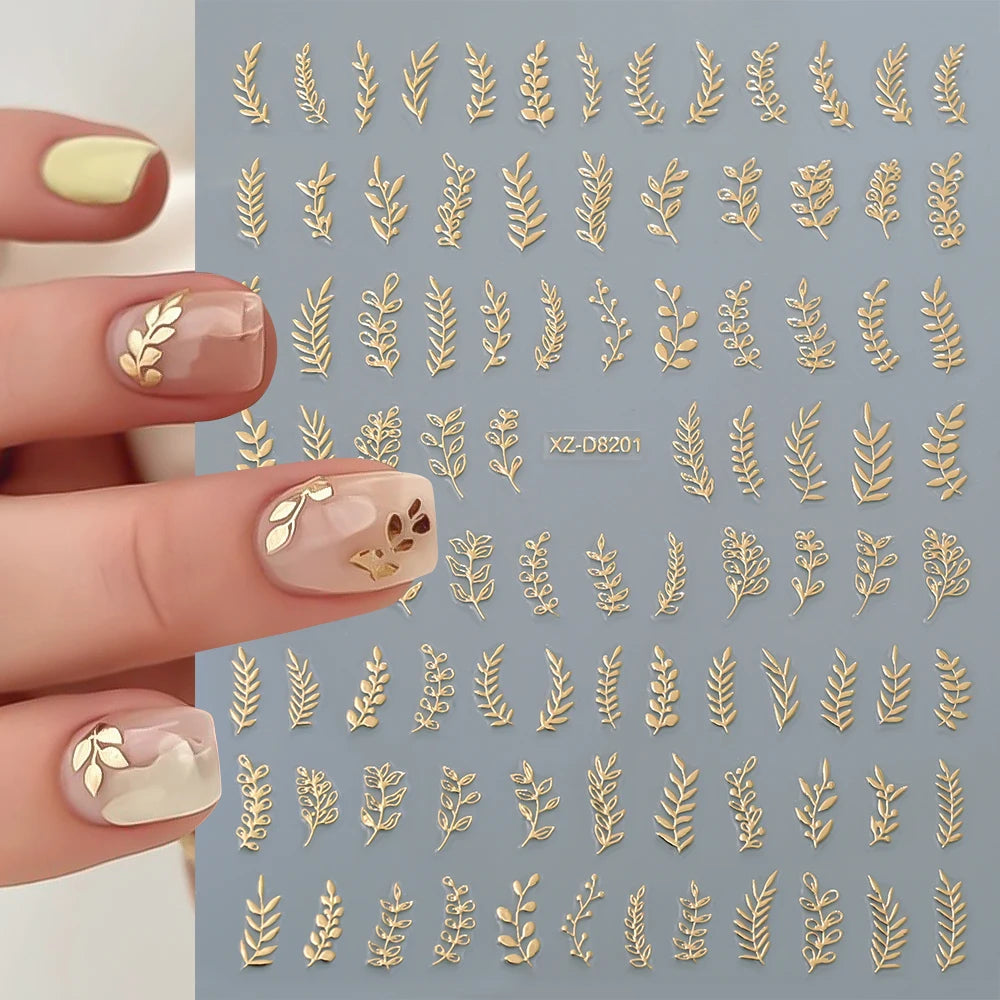 12Pcs 3D Gold Exquisite Flower Leaf Nail Art Stickers Metallic Floral Leaves Self-Adhesive Nail Decals DIY Retro Manicure Decor