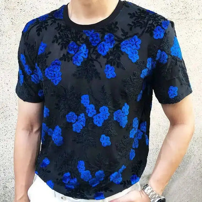 Sexy Round Neck T Shirt Soft Velvet Slim Men Clothing Nightclub Short-sleeved Top Quality Transparent Floral T Shirt See Through