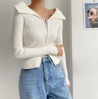 LUNDUNSHIJIA 2026 New Autumn Women Elegant Thickened Zipper Sweaters For Women Rose Red Fashion Short Female Cardigan 4 Colors