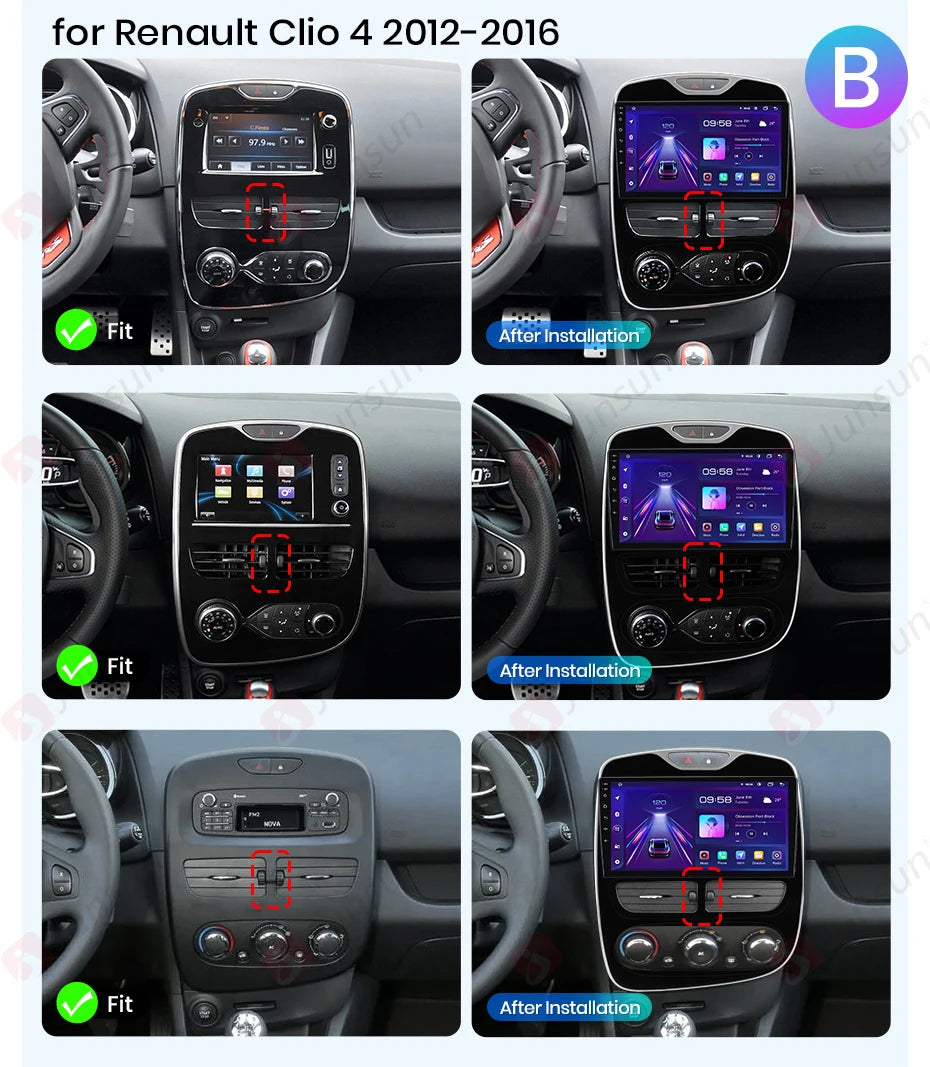 Junsun Wireless CarPlay Android Auto Car Radio for Renault Clio 4 2012- 2017 2 DIN Multimedia Stereo with Built-in Cooling Fan GPS Navigation SWC Bluetooth FM RDS DSP IPS Screen Car Intelligent Systems 4G WiFi 8 Core