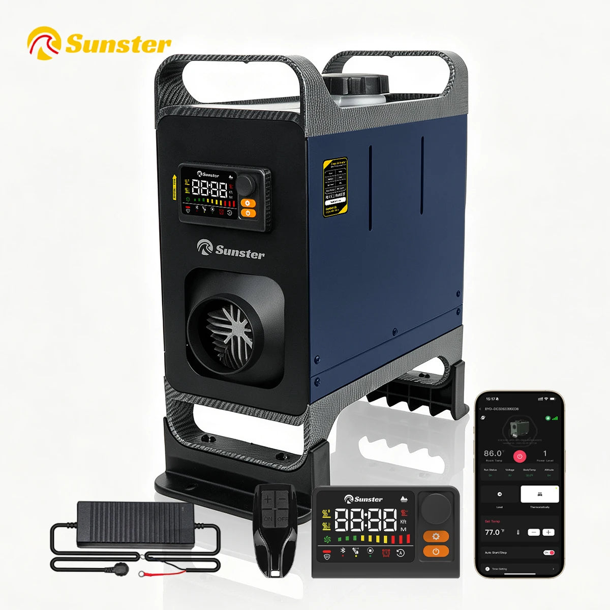 Sunster 8KW Diesel Air Heater All-in-One 12V/24V 110-240V Dual Power Portable with Handle Fast Heat No Cold Air 35dB Silent Parking Heater APP LCD for Camping RV
