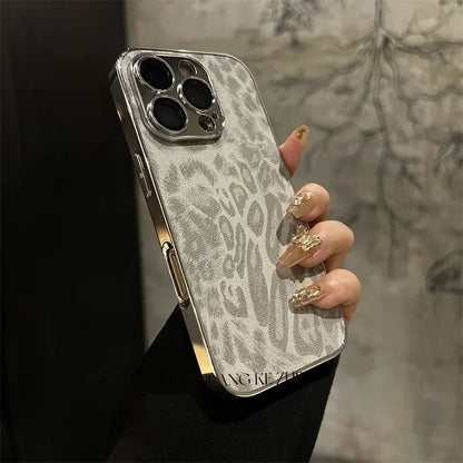 Luxury Plating Leopard Texture Leather Case For iPhone 17 16 15 14 Plus 13 12 11 Pro Max Lens Protection Shockproof  Cover Capa
