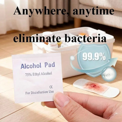 First aid box essential, 75% alcohol swabs 100 pieces per pack, skin wound disinfection and cleaning supplies