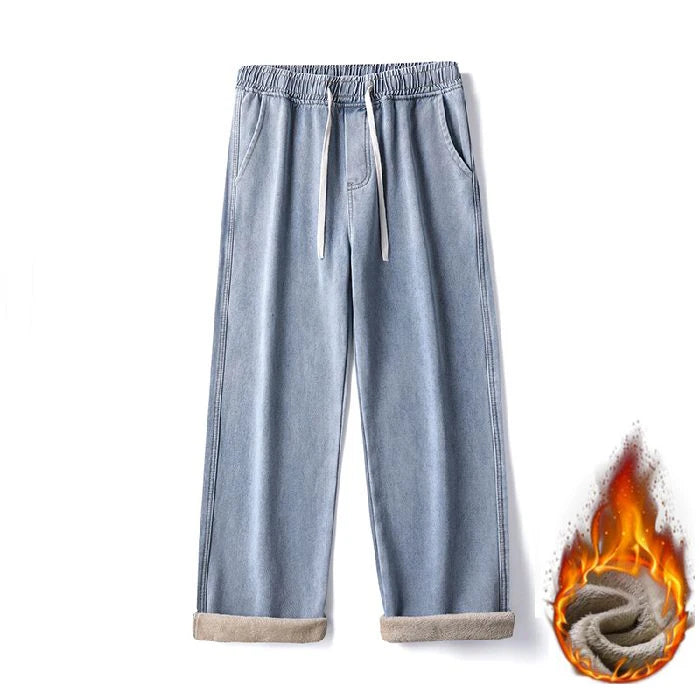 Men's Winter Fleece Loose Jeans Velvet Warm Elastic Waist Wide Leg Y2K Denim Pants Straight Comfortable Brand Men's Clothing