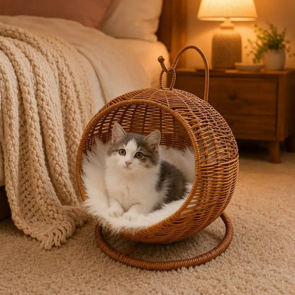 Handwoven Elevated Cat Bed with Soft Cushion & Egg Chair Shape Basket Bed Kitty House with Stand Raised Wicker House for Cats
