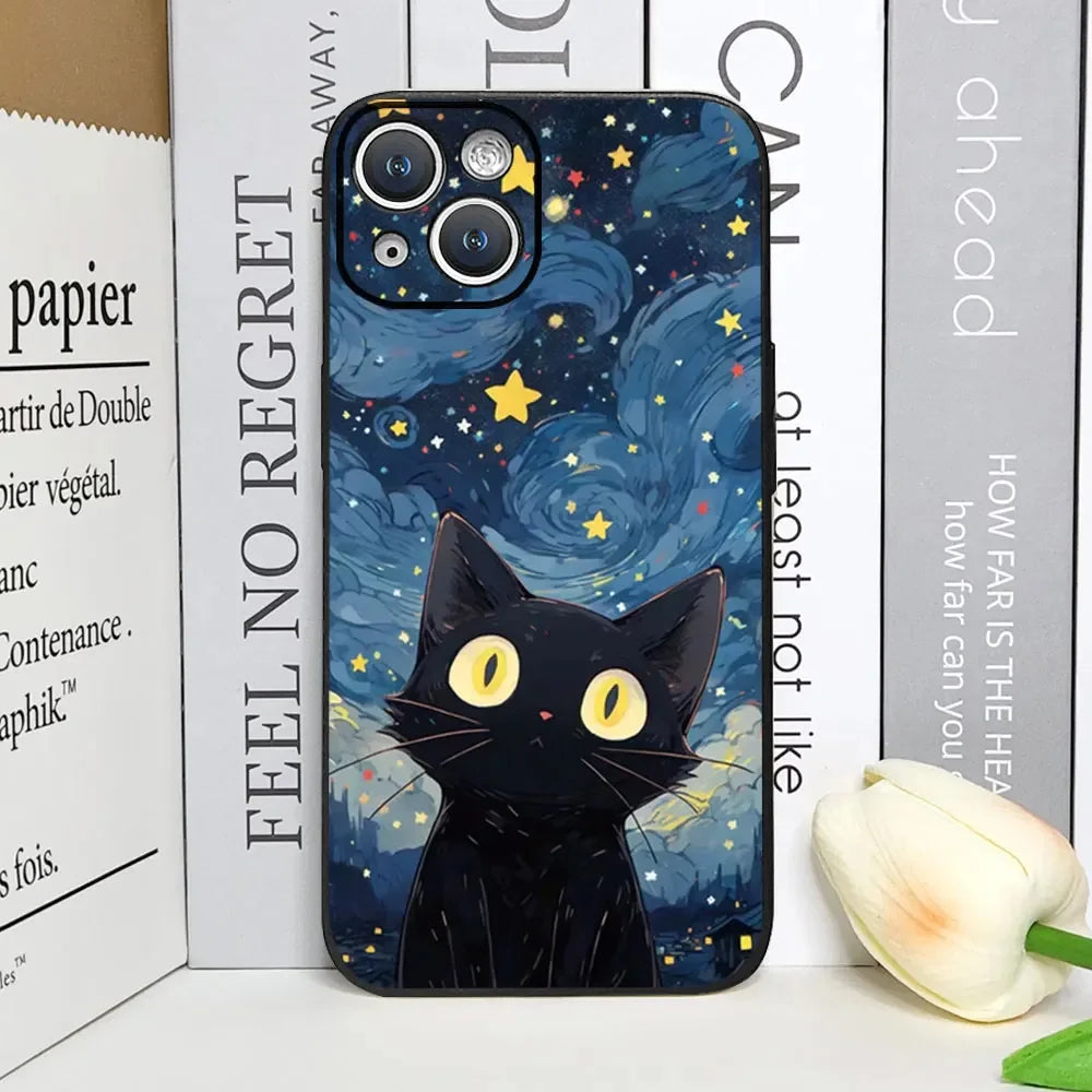 Artistic Black Cat Starry Night Phone Case For iPhone 17 16 15 14 13 12 Pro Max Mini 7 8 SE Plus Couple Cover Soft Shell Fundas