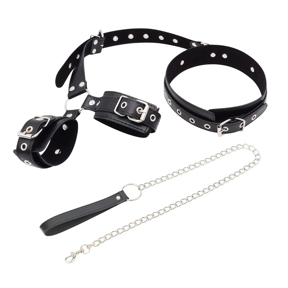 Bondage Restraint Kit Adjustable Collar & Wrist Cuffs Durable PU Leather Fetish Play Set for Adult Couples