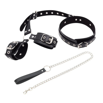 Bondage Restraint Kit Adjustable Collar & Wrist Cuffs Durable PU Leather Fetish Play Set for Adult Couples