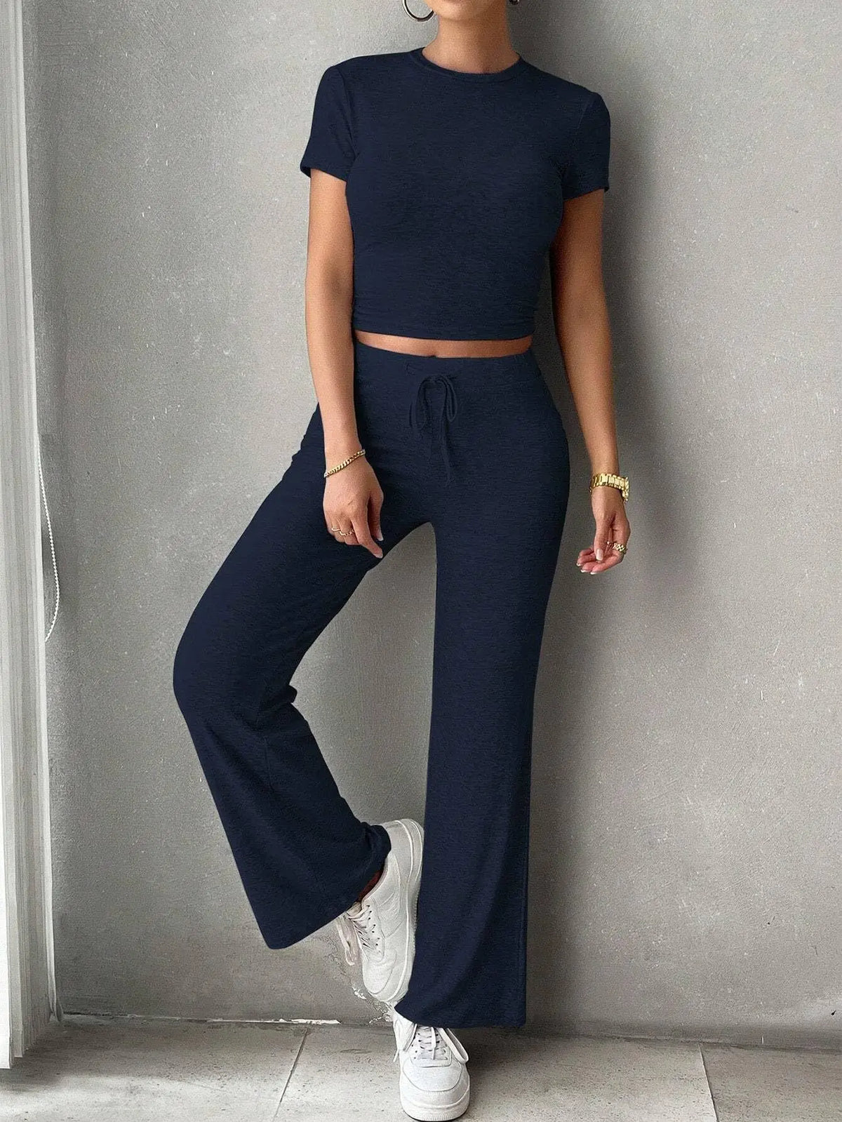 Summer Comfortable Casual Women's Home Sports Set 2025 New Fashionable Solid Color Slim Body Clothes + Trousers Two-piece Set