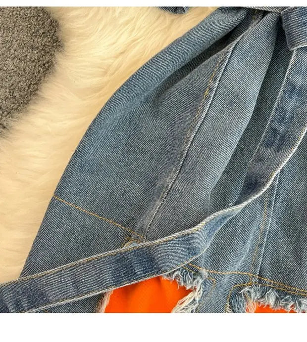 Retro Hong Kong Sle Chic Casual Mid-Length round Ne Patchwork Color Denim irt with Belt Spring New Women's Faion Top