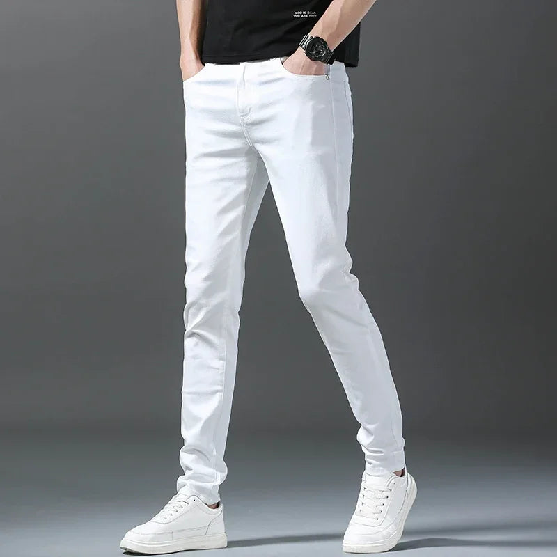 2026 Spring New Men Slim Jeans 98% Cotton White Stretch Straight Casual Fashion Pencil Pants High Quality Trousers Male Clothes
