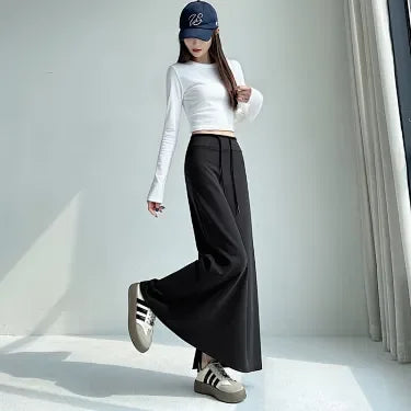 Women Spring Autumn Sports Maxi Skirt High Waist Drawstring A Line Straight Split Draped Casual Sweat Long Skirt
