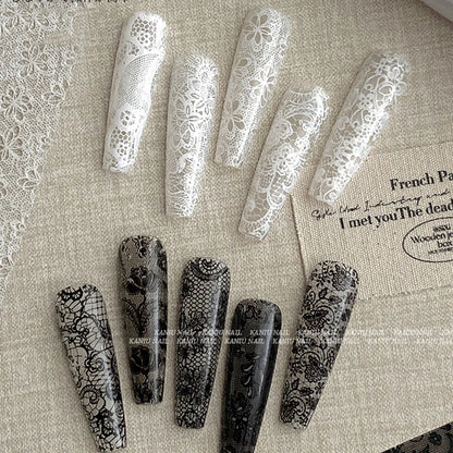 10 Rolls/Box New Black&White Lace Nail Transfer Stickers Sexy Lace Flower Full Wraps Nail Decals DIY French Manicure Decorations