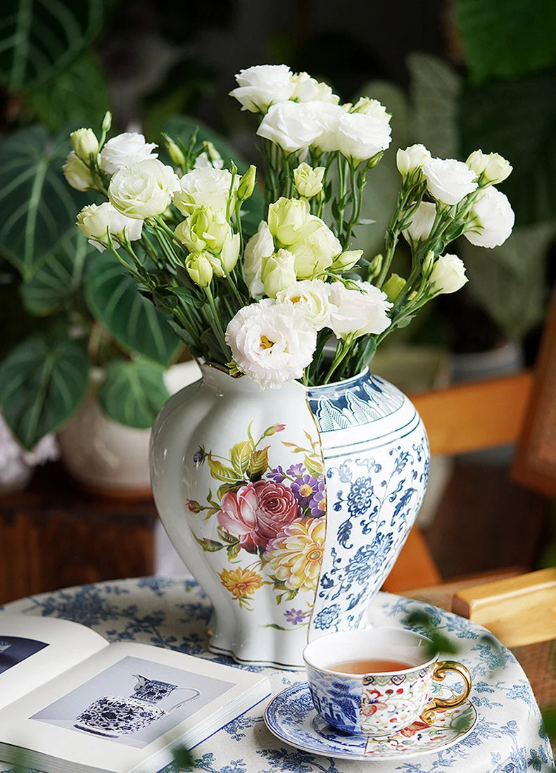 Splicing Light Luxury Antique Style Ceramic Vase Creative European Vintage Flower Vase Arrangement Living Room Desktop Ornaments
