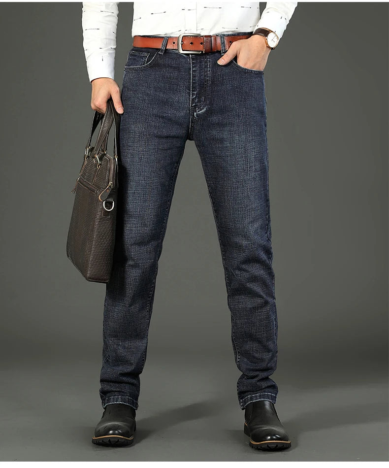 2026 Brand Slim Washed Jeans Casual Straight Stretch Fashion Classic Blue Black Work Denim Trousers Male Brand Clothing