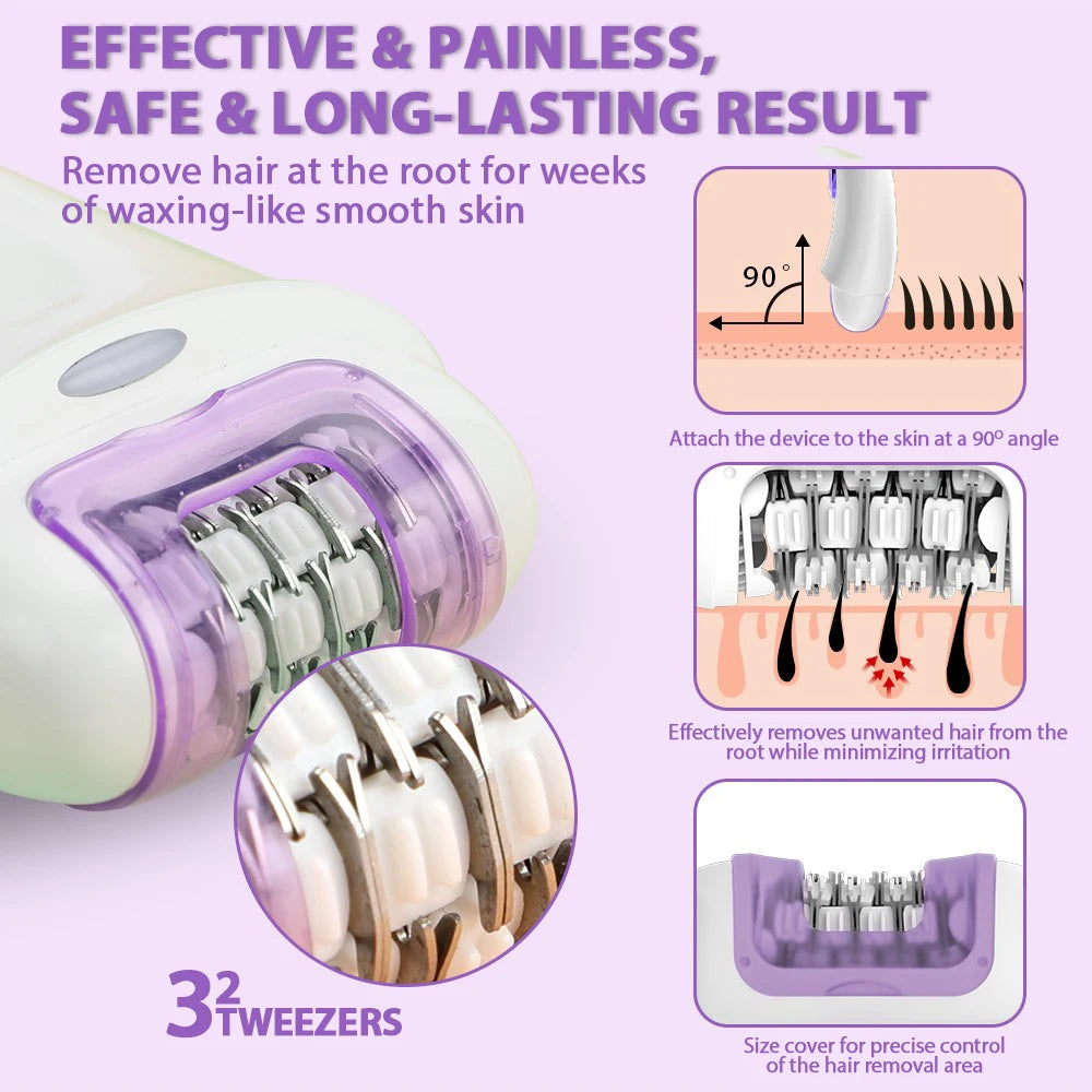 2in1 Epilator Facial Hair Removal Rechargeable 32 Tweezers Smooth Skin Whole Body 2 Speeds Hair Removal Device Electric Shaver