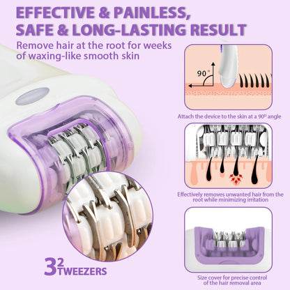 2in1 Epilator Facial Hair Removal Rechargeable 32 Tweezers Smooth Skin Whole Body 2 Speeds Hair Removal Device Electric Shaver