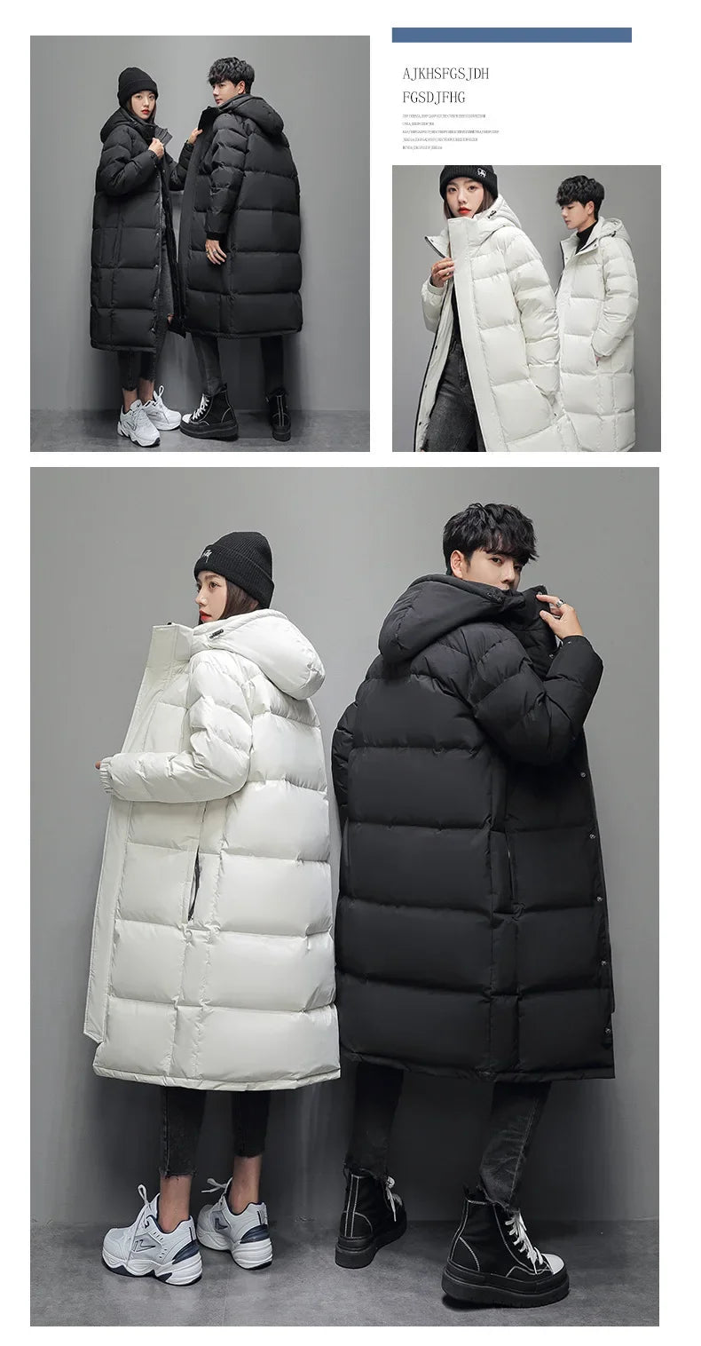 FGKKS 2025 Couple Winter Down Jacket Fashion Classic Slim Korean Style White Duck Down Men's Long Coat Women Hooded Outwear
