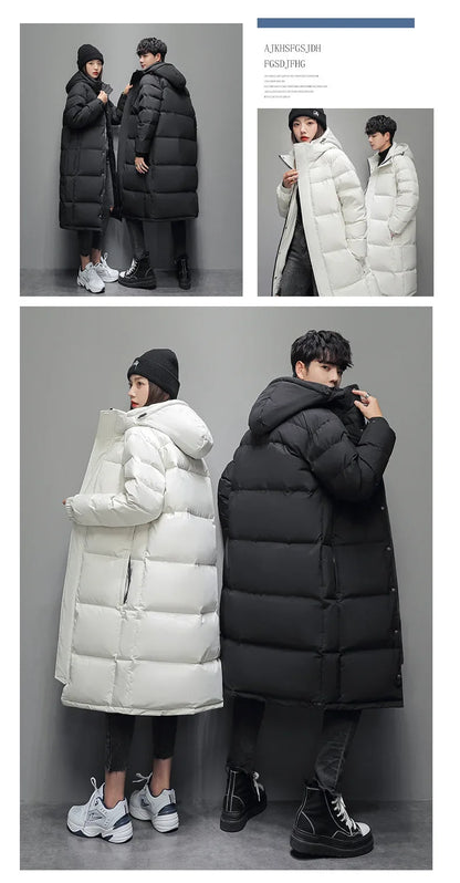 FGKKS 2025 Couple Winter Down Jacket Fashion Classic Slim Korean Style White Duck Down Men's Long Coat Women Hooded Outwear