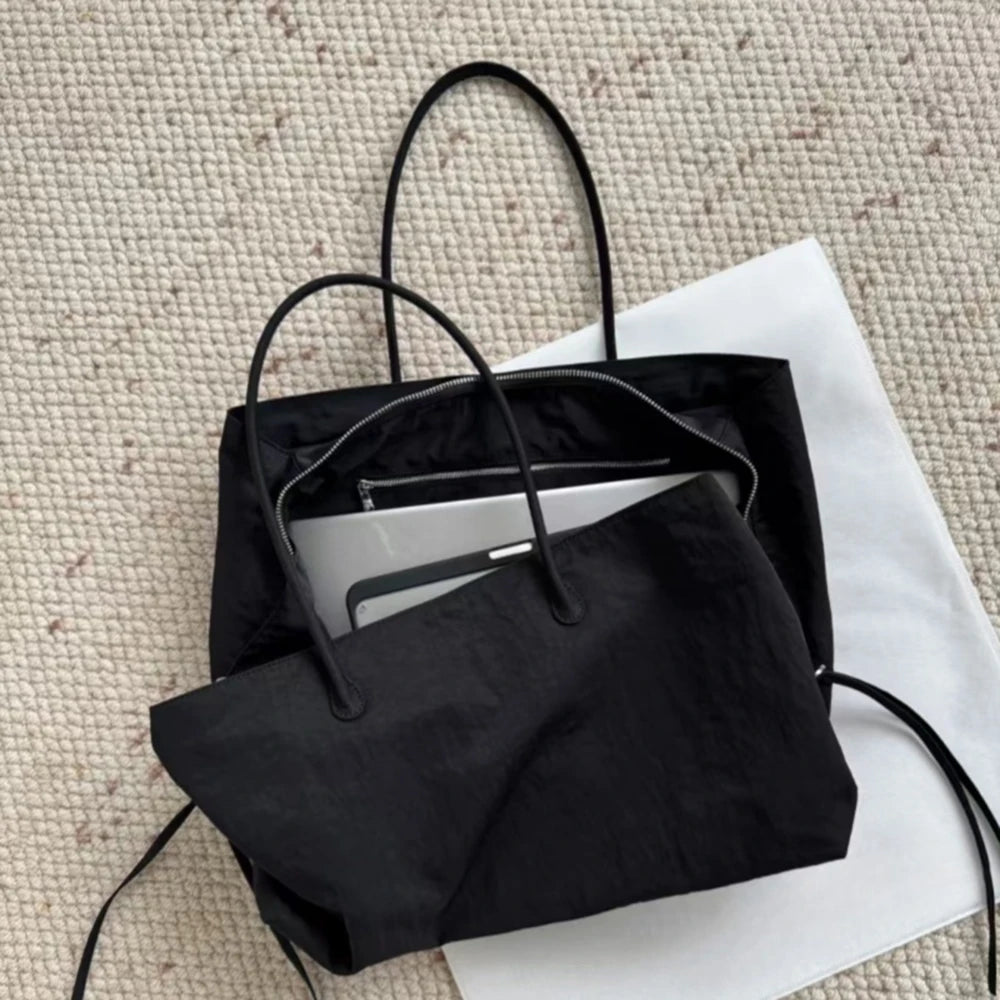 Women's Solid Black Cool Tote Bag 2025 New Fashion Simple Nylon Large Capacity Commuter Double Zipper Compartment HandBags