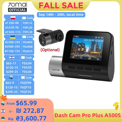 70mai Dash Cam Pro Plus A500S 1944P ADAS GPS Camera 70mai Front Cam A500S 140FOV Car DVR 24H Parking Support Rear Interior Cam