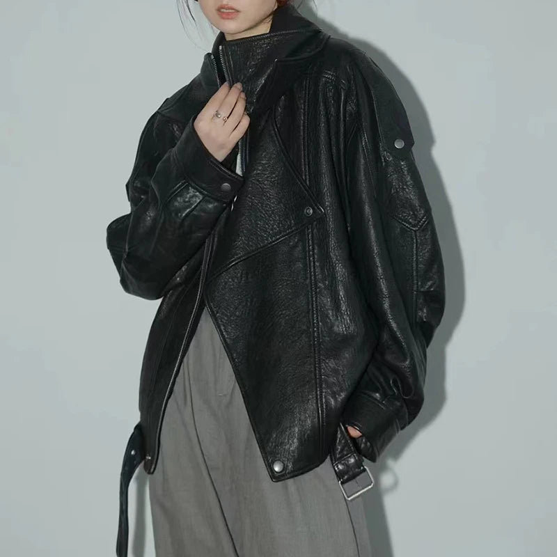 New Outerwear Leather Jacket Women American Retro Top Sheepskin Bubble Leather Double Lapel Loose Profile Coffee Locomotive Coat