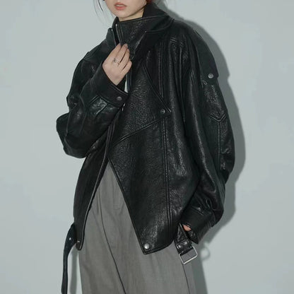 New Outerwear Leather Jacket Women American Retro Top Sheepskin Bubble Leather Double Lapel Loose Profile Coffee Locomotive Coat