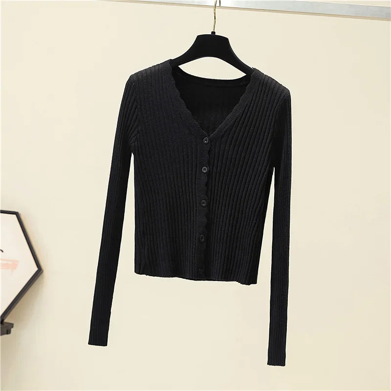Women Ribbed Crew Neck Cardigan Sweater Pastel Pink Purple Long Sleeve Fitted Crop Knitted Jacket Spring Fall
