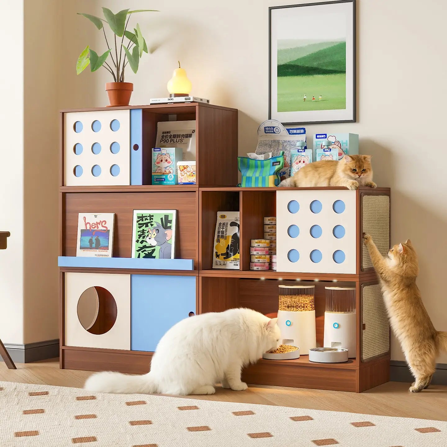 Triple-Function Cat House with Litter Box & Storage,Human-Pet Shared Furniture,Cat Tree Hut, Indoor Cat Den,Multi-Level Cat Fort