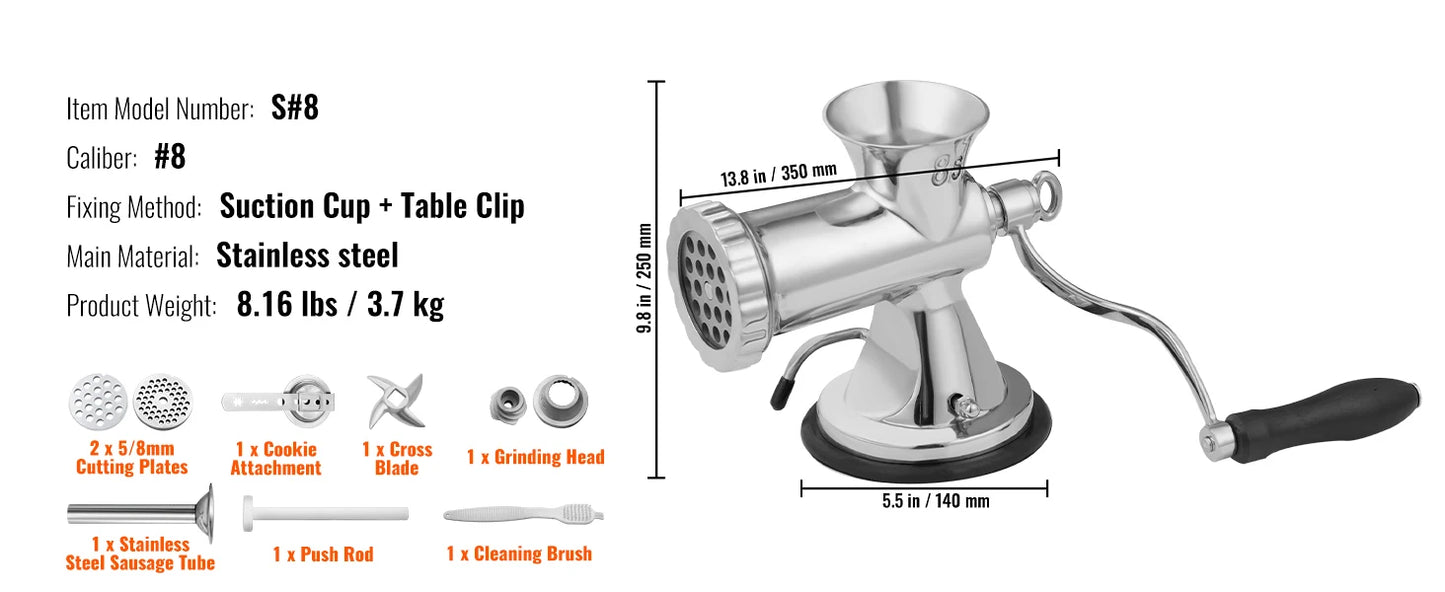 SucceBuy Manual Meat Grinder 304 Stainless Steel Hand Meat Grinder with Suction Cup&Steel Table Clamp Meat Mincer Sausage Maker